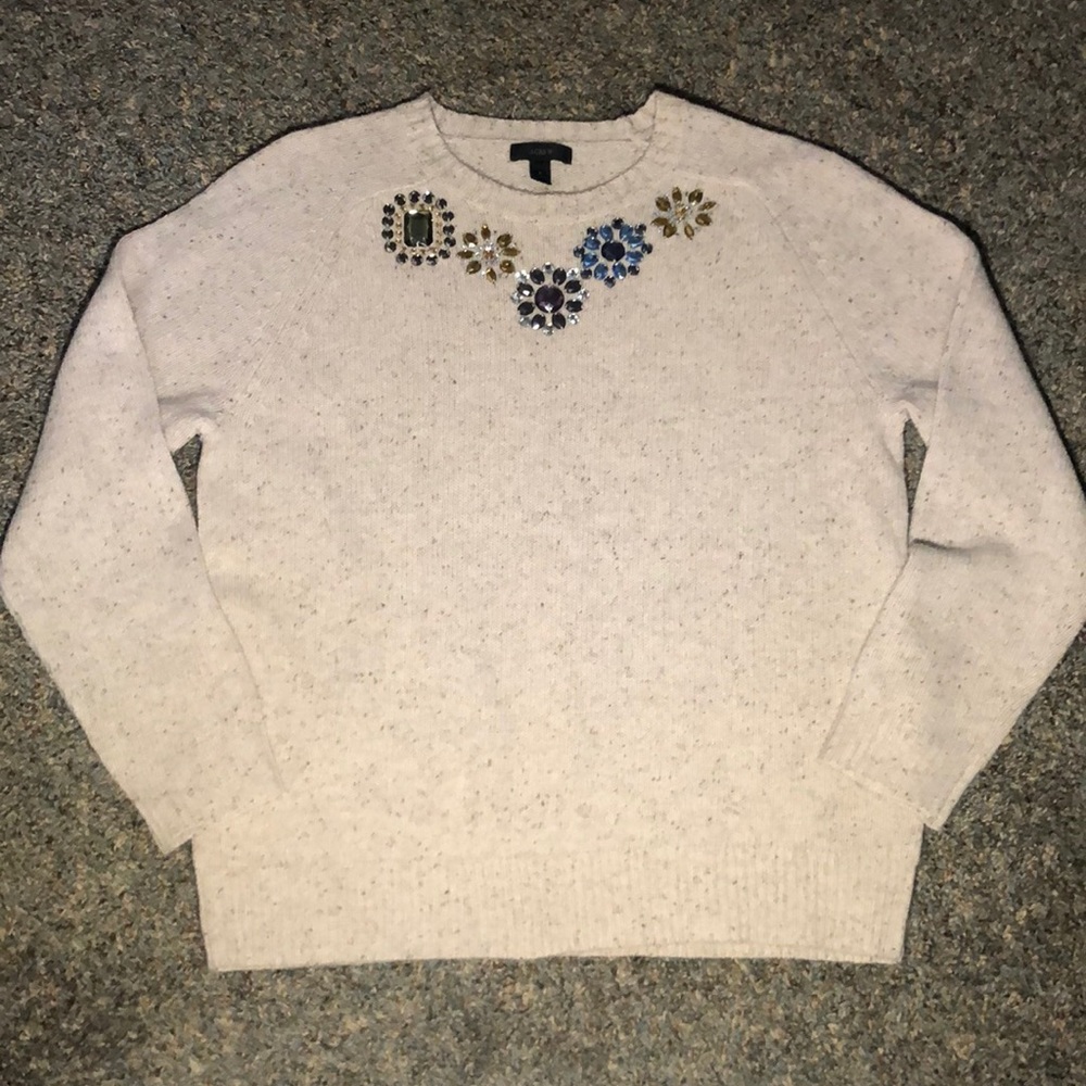 J.Crew Lambs Wool Tan/Brown Rhinestone Embellished Sweater Lg